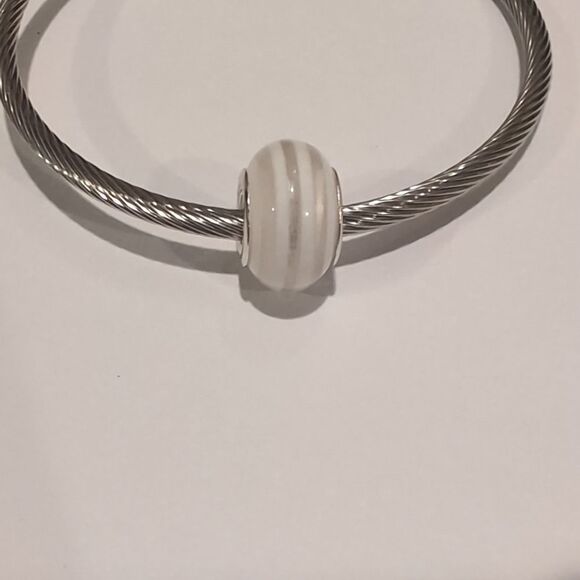 Silver Clear and White Striped Charm for‎ Pandora Style Bracelet - Picture 1 of 4